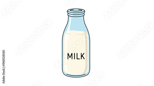 Simple glass bottle of fresh milk with a black label text isolated on a white background for dairy product ads.