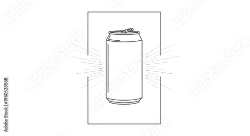 Minimalist beverage can illustration with radiating lines in a clean rectangular frame on white