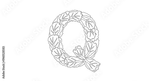 Elegant outline drawing of capital letter Q crafted from natural leaves on a white background