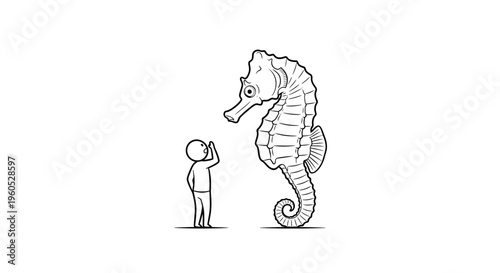 A simple stick figure gazes in awe at a remarkably colossal seahorse highlighting immense scale