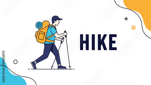 Modern flat illustration of a male traveler with a backpack and hiking poles accompanied by bold text for outdoor adventure and tourism concepts.