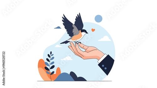 Gentle hand releasing a small bird into a bright blue sky with soft white clouds representing freedom and peace in a minimalist flat vector style.