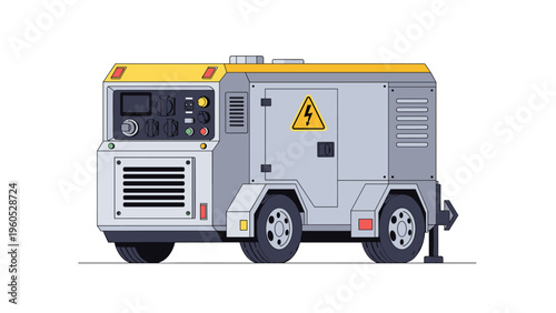 Large industrial portable diesel generator on wheels for providing backup power supply in construction sites and remote locations during emergencies.