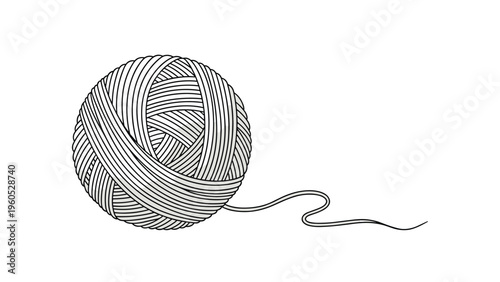 Simple black and white line drawing of a round ball of yarn with a single thread unraveling towards the right side on a plain white background.