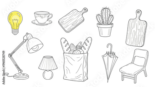 Set of hand-drawn lifestyle sketches including kitchen tools, household objects, groceries, and indoor plants in a simple doodle style for daily use.
