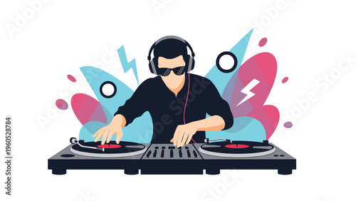 Enthusiastic male DJ wearing headphones and sunglasses mixing music on turntables with vibrant abstract shapes in the background for a party theme.