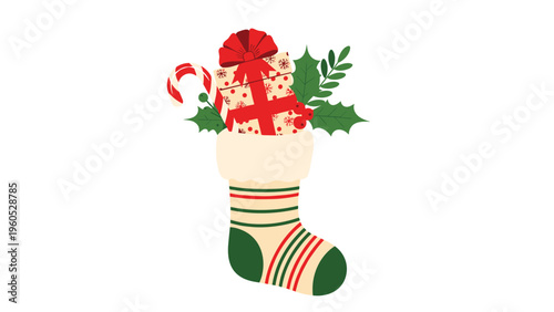 Decorated Christmas stocking filled with a red and beige gift box, a striped candy cane, and festive green holly leaves on white for holiday decor.