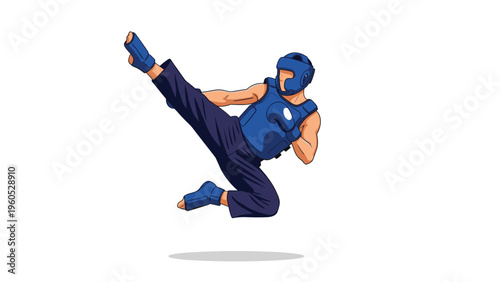 Martial arts athlete wearing protective blue gear performing a dynamic high kick in a studio setting for sports and fitness marketing themes.
