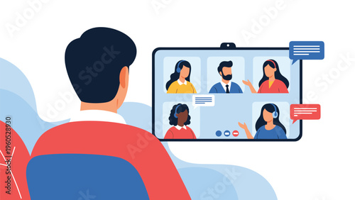 Rear view of a man attending an online video meeting with several colleagues displayed on a digital tablet screen in a home office environment.