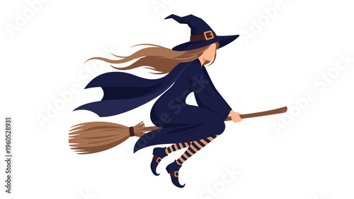 Fantasy illustration of a young witch with long flowing hair flying on a wooden broomstick across a clean white background for halloween themes.