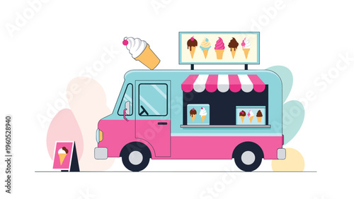 Colorful ice cream truck with a large cone on the roof and various frozen treats pictured on the side against a soft abstract background for summer.