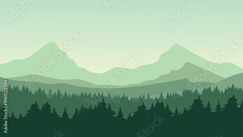Serene landscape featuring layered mountains and a dense forest