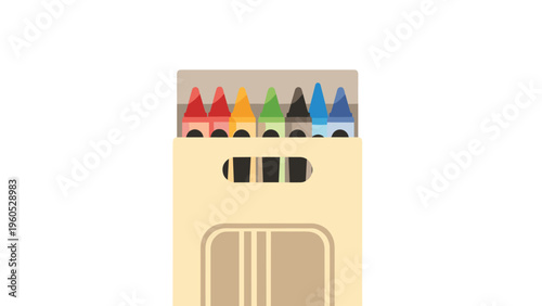 Open cardboard box containing a set of multicolored wax crayons for drawing and creative artistic projects in a school or kindergarten setting.