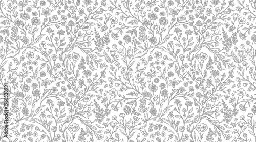 Intricate floral pattern featuring diverse plants and flowers on a light background, ideal for textiles