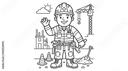 Smiling Cartoon Construction Worker Waving Hand.