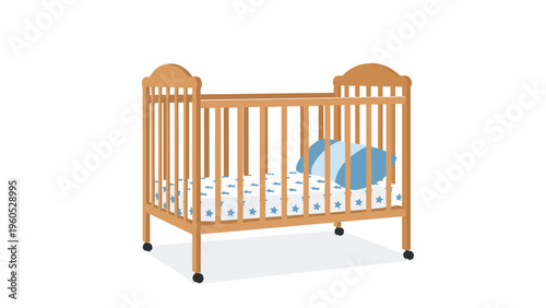 Classic wooden baby crib with a star-patterned mattress and a light blue pillow on a clean white background for nursery interiors and parenting.
