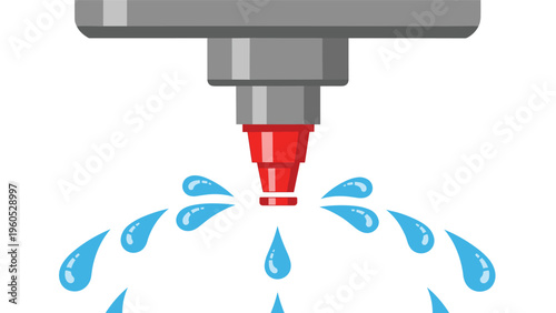 Macro illustration of an industrial spray nozzle releasing fine blue liquid droplets downwards for cleaning, cooling, or lubrication purposes.