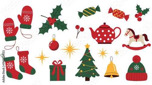 Festive collection of winter holiday icons including red mittens, holly berries, christmas trees, candy, a rocking horse, and decorative stockings.