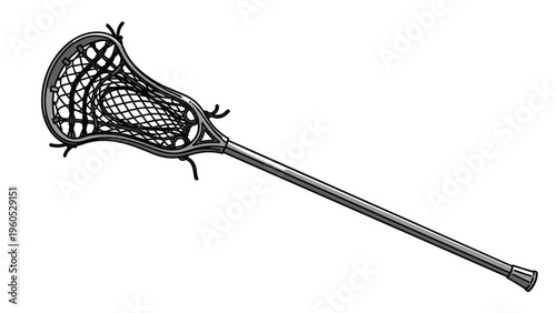 Professional lacrosse stick with a black and white mesh pocket and long metal handle shown at an angle against a clean white background.