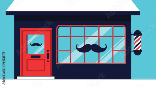Charming barbershop storefront illustration with a red door and a large display window featuring a mustache decal and a classic spinning barber pole.