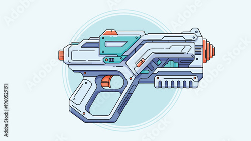 Futuristic toy blaster gun design in white and light blue with orange details and complex mechanical parts for science fiction imaginative play.