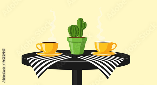 Two cups of hot coffee on a table with a potted cactus, minimalist design