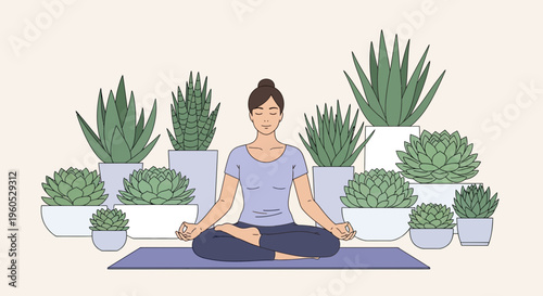 Woman meditating in lotus pose surrounded by potted succulents and aloe vera plants.
