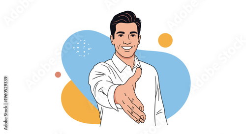 Friendly businessman in a white shirt smiling and extending his hand for a handshake as a gesture of partnership and welcoming a new client.