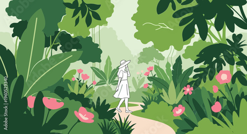 Woman walking in lush tropical garden with pink flowers and green foliage