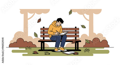 Young man writing in notebook on park bench, autumn leaves falling, creative inspiration