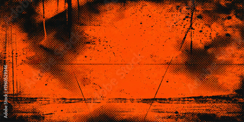 Abstract bold and striking abstract expressionism, dominated by a canvas of fiery orange tones and textural details. The composition conveys intensity and raw emotion.