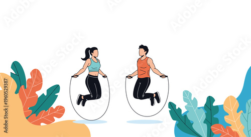 Man and woman jumping rope together surrounded by colorful plants as a representation of outdoor fitness and maintaining a healthy lifestyle.