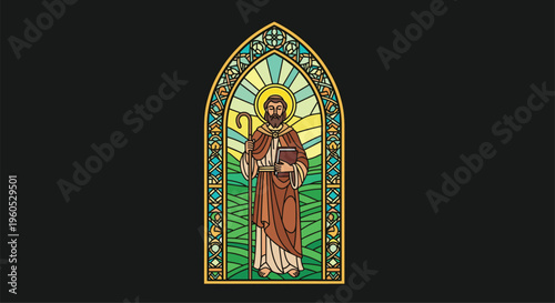 Traditional stained glass window design featuring a religious saint holding a shepherd crook and a holy book for church and spiritual themes.