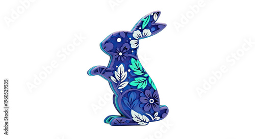 Layered Blue Paper Rabbit with Floral Design