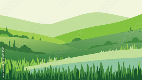 Serene landscape illustration featuring rolling green hills and trees
