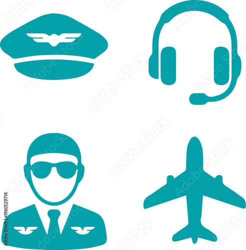 Pilot Accessories and Aviation Icon Set Silhouette