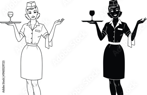 Retro vintage silhouette and line art set of beautiful smiling waitress in uniform carrying drink tray for restaurant cafe service