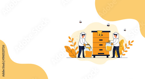 Professional beekeepers in protective gear carefully harvest fresh honey from wooden hives surrounded by flying bees and foliage.