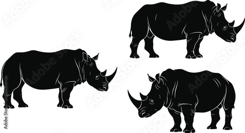 Rhinoceros silhouette vector, wild animal icon, rhino illustration design, African wildlife graphic, endangered species art, horned mammal outline, nature symbol