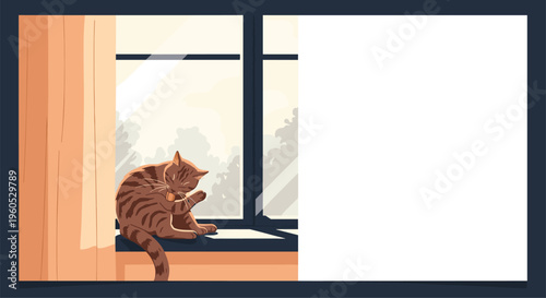 Brown tabby cat sits peacefully on sunlit windowsill while grooming its paw next to window with view of trees.