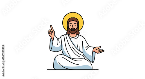 Religious illustration depicts Jesus Christ wearing white robes with golden halo while making teaching gestures with his hands.