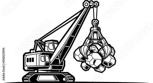 Illustration of a heavy-duty crane lifting rocks with a claw.