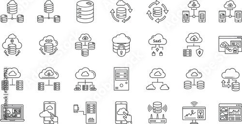 Cloud Storage and SaaS Management Icon Set Featuring Data Sync, Server, Database, Cloud Computing, and Data Security Tools in Black and White