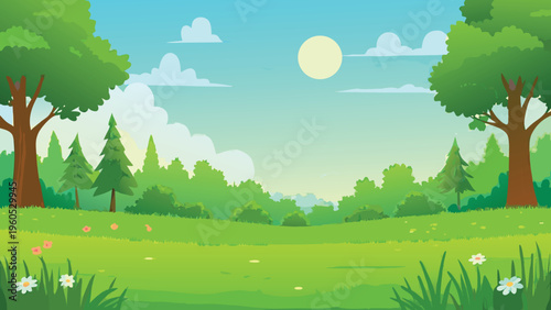 A vibrant cartoon landscape with trees grass and a bright sun