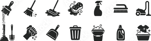 Collection of cleaning tools and supplies icons