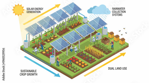 Infographic showing sustainable agriculture farm with solar panels, rainwater harvesting, crops, dual land-use practices