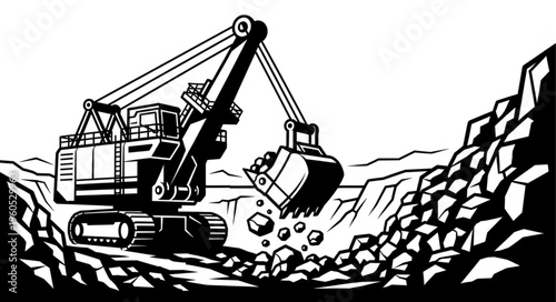 Illustration of a Large Excavator Digging in a Quarry.
