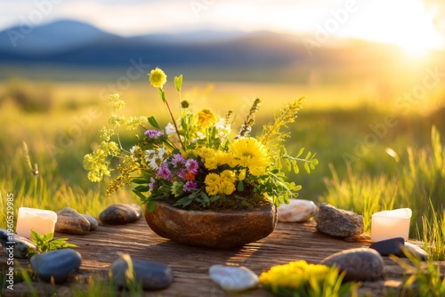 Wallpaper Mural Sacred Circle Ritual in Meadow with Wildflowers and Carved Stones at Sunset Torontodigital.ca