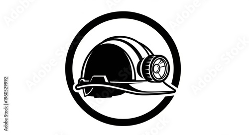 Illustration of a Miners Hard Hat with a Headlamp in a Circle.