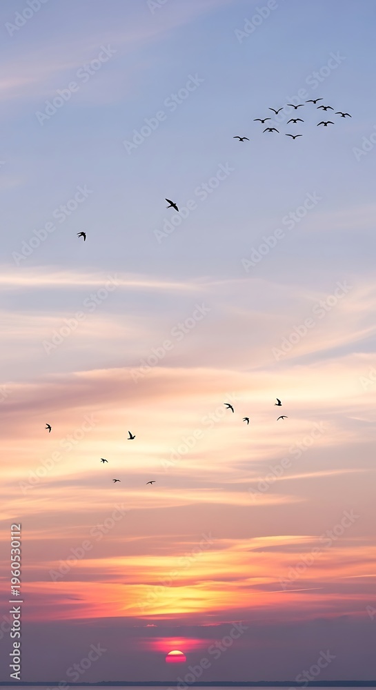 Obraz premium Birds flying in sunset sky clouds.